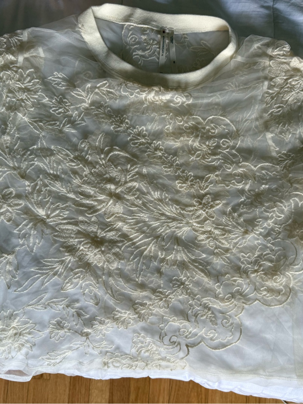 Anthropologie Ivory Sheer Floral Embroidered Top